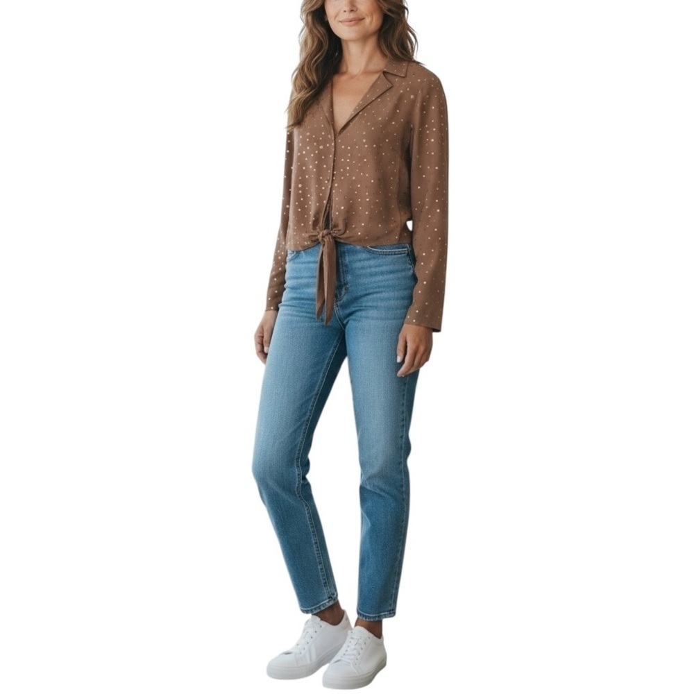 Bcbgeneration Front Tie Tan Button Up Blouse S - image 7